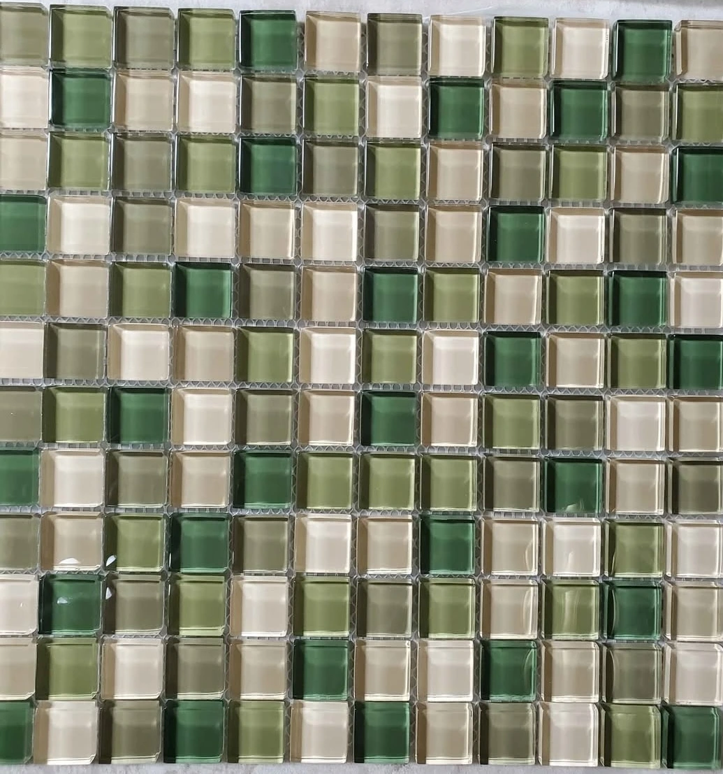 A photo of Green, white, and grey mosaic tile sheets